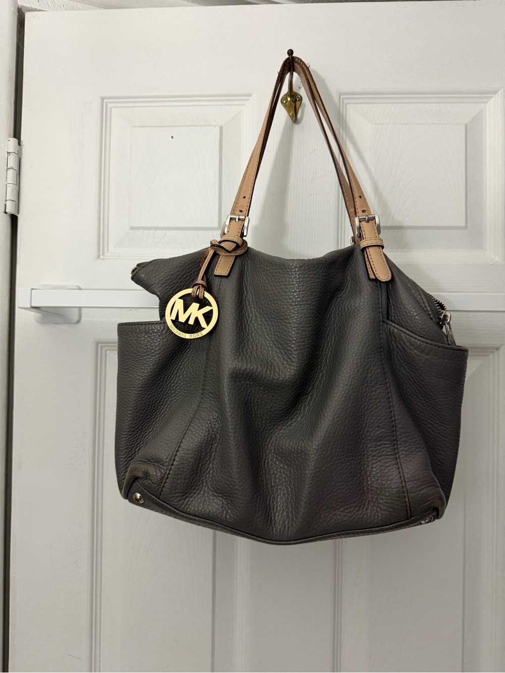Michael Kors Dark Gray Pebbled Leather Tote with Tan Straps